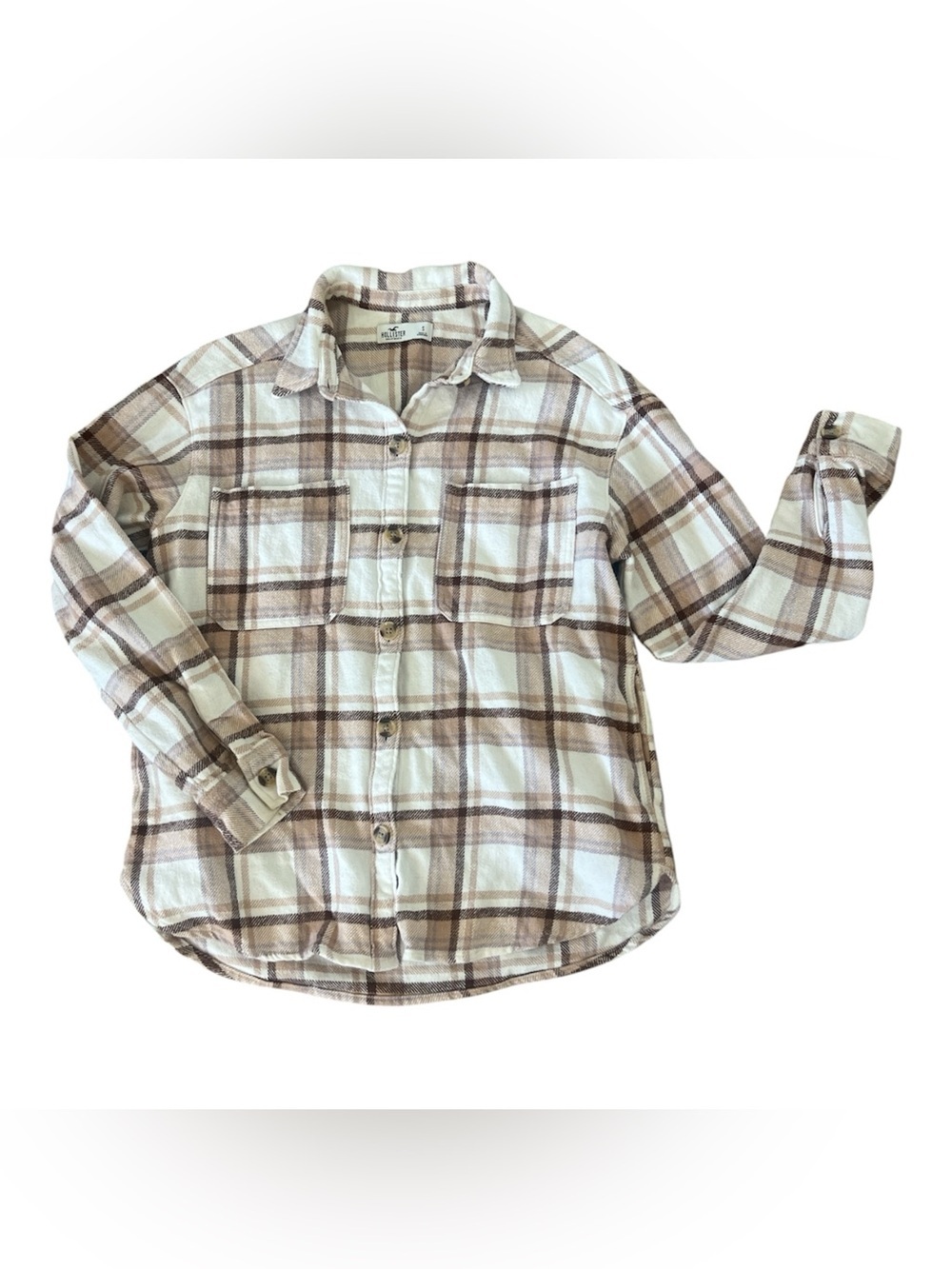 Hollister Plaid Button-Up Shirt in Cream & Brown Size S